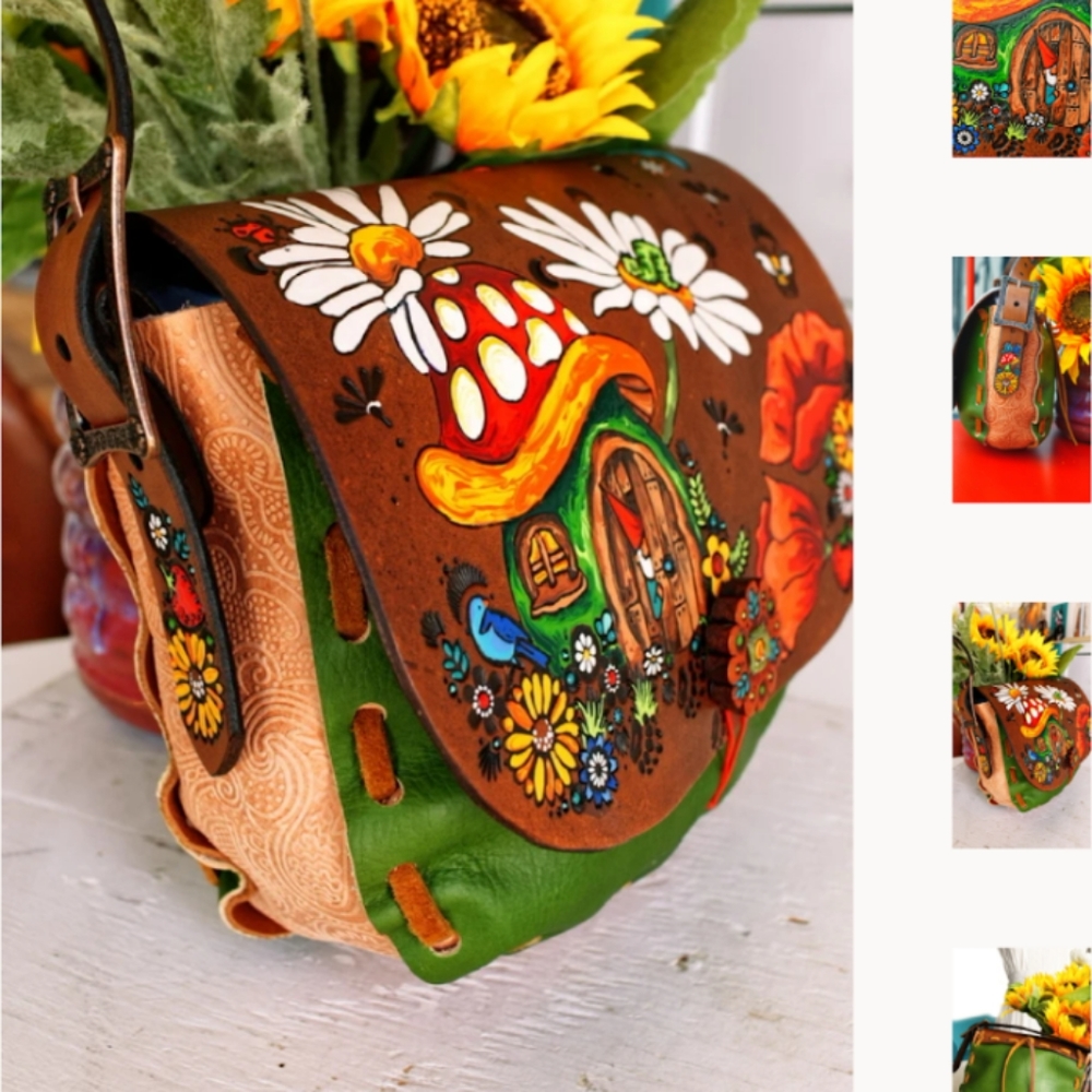 Custom made artist designed true leather crossbody bag / purse for spring summer